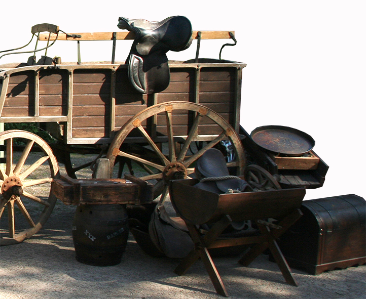 Wild-West Deko- Set gross (Dynamitkisten, grosse Wagenräder, Sättel, Gewehre, Tränken, .)